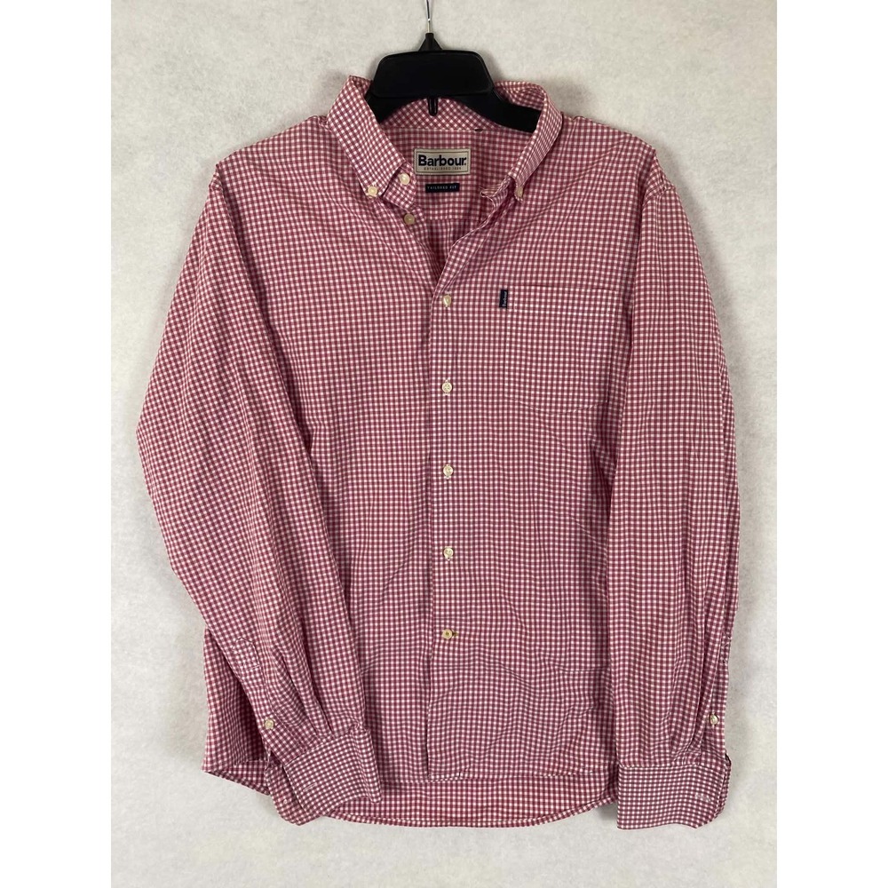Barbour Mens Red Gingham Tailored Fit Button Down Shirt Long Sleeve L read*